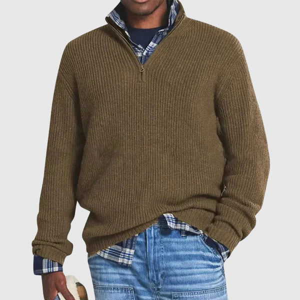 Brown Sweater with Half Zip Front Side