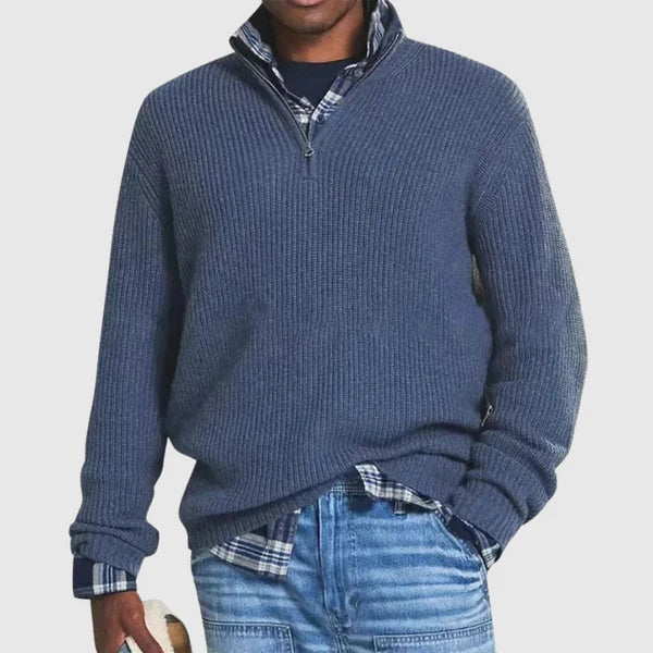 Blue Sweater with Half Zip Front Side